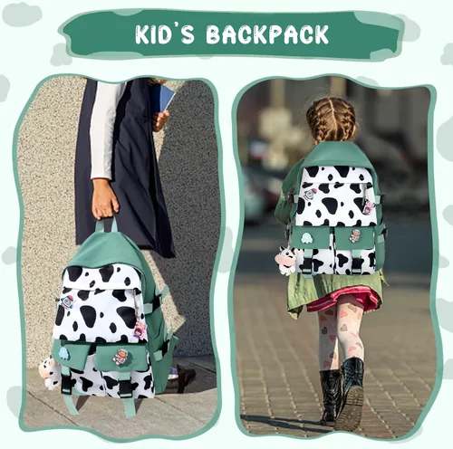 Vista 6 de Unineovo Mochila Kawaii con estampado de vaca y accesorios de alfiler, colgante de felpa, mochila escolar kawaii linda mochila estética, Rosado, Moda