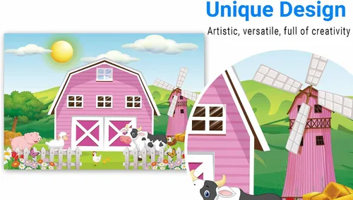 Vista 2 de Funnytree Fondo de fiesta de animales de granja de dibujos animados de 7 x 5 pies, color rosa, granero, niña, baby shower, cumpleaños, fotografía