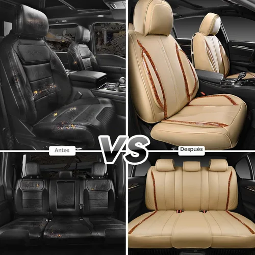 Vista 4 de CAR PASS Fundas de cuero beige para asiento de automóvil, juego completo de fundas de asiento automotriz transpirables e impermeables, cojín