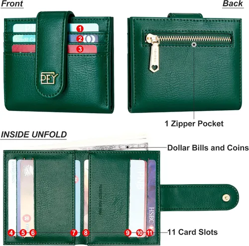 Vista 6 de Badiya Billeteras pequeñas para mujer, plegable, multitarjeta, delgada, tarjetero con cremallera, Verde Oscuro, Minimalista