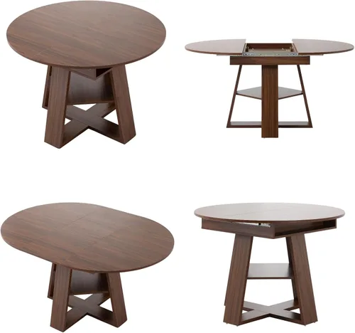 Vista 4 de Juego de mesa de comedor, juego de mesa de cocina redonda a ovalada expandible con 2 sillas de cuerda tejida, mesa de pedestal de madera con estante