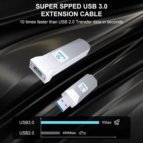 Vista 2 de Cable de extensión USB 3.0 de fibra óptica de 32.8 ft, cable USB largo macho a hembra, cable extensor de 5 Gbps de alta velocidad, para robot
