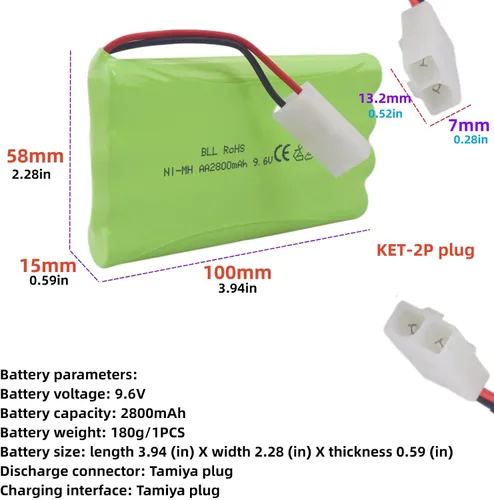 Vista 2 de 2 pilas recargables AA de 9.6 V 2800 mAh con enchufe Tamiya con cable de carga USB para coches de juguete a control remoto, camiones, tanques
