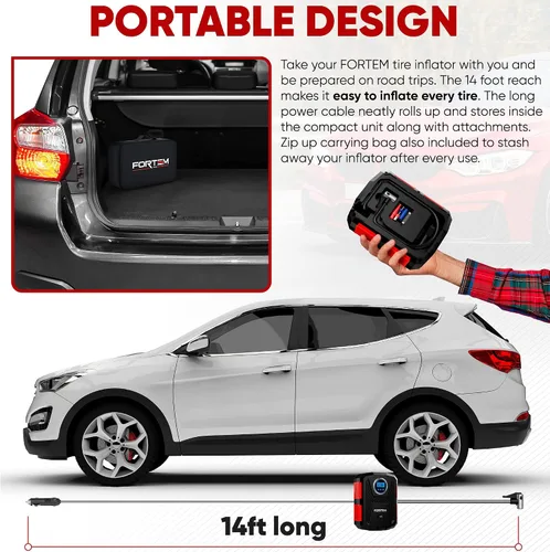 Vista 9 de FORTEM Organizador de maletero de coche (3 compartimentos, rojo) + inflador de neumáticos portátil