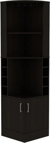 Vista 8 de FM FURNITURE The Seattle - Armario esquinero para bar con 3 estantes abiertos, estante de cristal, 8 cubos de botellas y puertas dobles, color negro
