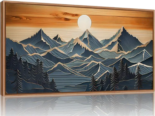 Vista 24 de Tinonedraw Arte de Pared en Lienzo Enmarcado de Paisaje de Montaña Beige, Decoración de Pared Moderna Abstracta de Mediados de Siglo, Arte de Lago