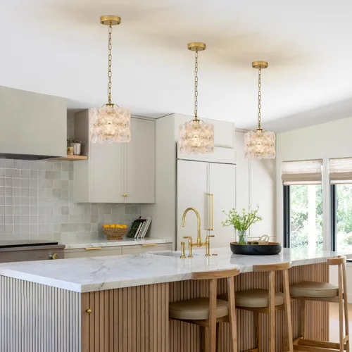 Vista 22 de Lámpara colgante de cristal dorado, paquete de 1 lámpara colgante de techo pequeña con flores modernas, 1 luz para cocina, isla, fregadero, comedor