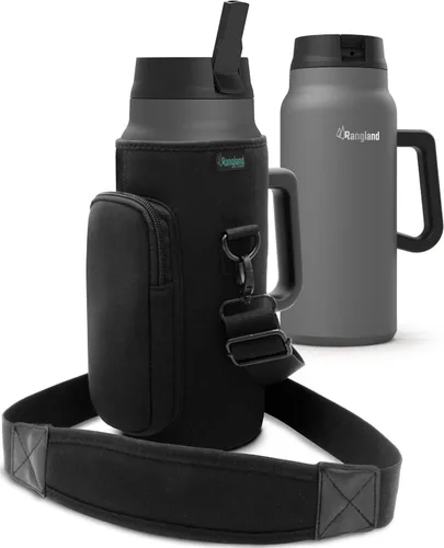 Vista 7 de Vaso de 64 onzas con asa y tapa con popote, botella de agua de metal aislada con soporte para bolsa de transporte y correa para el hombro