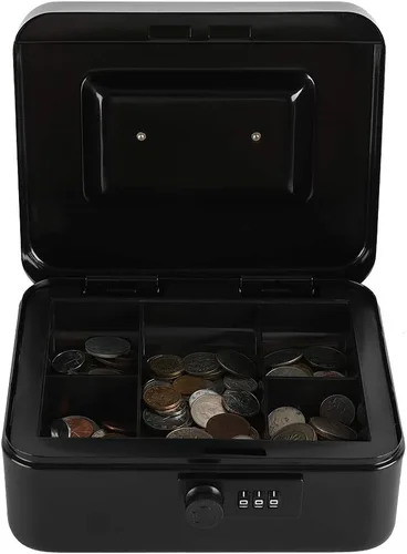 Vista 6 de xydled Caja fuerte de acero con cerradura de combinación, caja fuerte para dinero con bandeja extraíble para monedas, tamaño mediano, 7.87 x 6.30 x