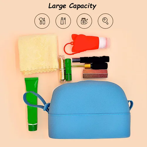 Vista 6 de Bolsa de maquillaje impermeable, bolsa de aseo de silicona, bolsa de almacenamiento de viaje portátil, bolsa de cosméticos lavable de gran Azul