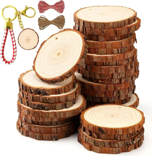 Vista 9 de SENMUT Rebanadas de madera natural, 30 unidades de círculos de madera preperforados de 2.0 a 2.45 pulgadas para manualidades, rebanadas de madera