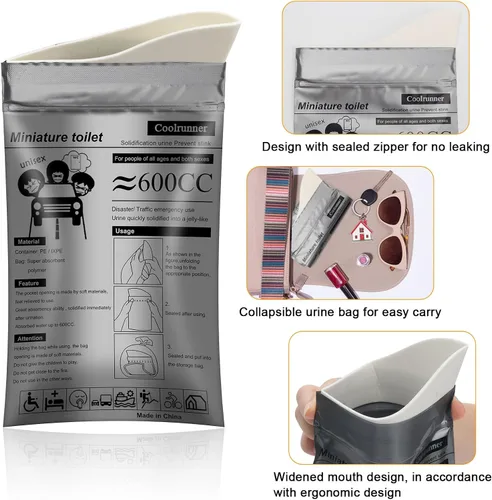 Vista 4 de Coolrunner Disposable Urine Bags, 8/12/20/50 Pack Camping Pee Bags for Men Women, Disposable Urinals Vomit Bags for Travel Urinal Toilet Traffic Jam