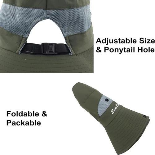 Vista 6 de Sombrero de verano para mujer, ala ancha, protección UV, plegable, para cola de caballo, para playa, pesca, senderismo Verde militar