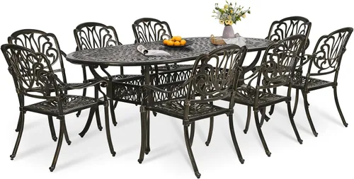 Vista 37 de Juego de comedor de patio de 9 piezas, mesa y sillas de patio al aire libre, mesa de comedor ovalada de aluminio fundido de 84 pulgadas con agujero