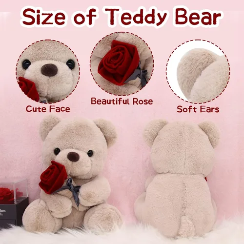 Vista 4 de Oso de peluche de 9 pulgadas, lindo oso de peluche marrón con rosa, animal de peluche para el día de la madre para mamá, regalo de oso de peluche