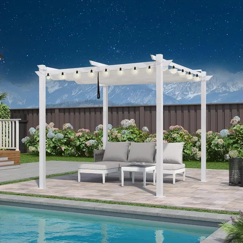 Vista 13 de PURPLE LEAF Pergola retráctil de 10 x 10 pies, pérgola blanca, toldo extra, azul marino