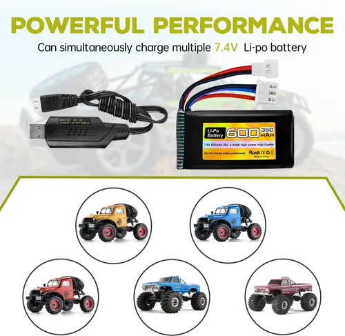 Vista 2 de sea jump Batería Lipo de 7.4V 600mAh 35C 2S con enchufe Molex y cargador USB adecuado para FMS FCX24 RC coches, camiones, vehículos eléctricos