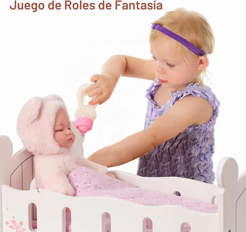 Vista 4 de ROBUD Cuna de madera para muñecas, juguetes de cama de muñeca, se adapta a accesorios de muñeca de hasta 18 pulgadas Fits 14-18 inch dolls, sturdy