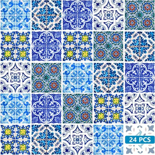 Vista 15 de Juego de 24 calcomanías para azulejos de salpicaduras en muro, azulejos tradicionales de Talavera, calcomanías para azulejos de baño y cocina