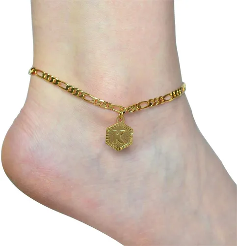 Vista 8 de Tobilleras con iniciales unisex, pulsera de eslabones cubanos chapadas en plata y oro de 18 quilates para mujeres y niñas, tobillera dorada