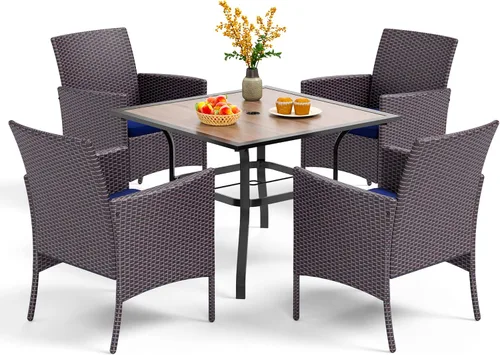 Vista 21 de PHI VILLA Juego de comedor al aire libre de 5 piezas para 4, mesa de comedor cuadrada de metal y sillas de mimbre de ratán con cojines, muebles