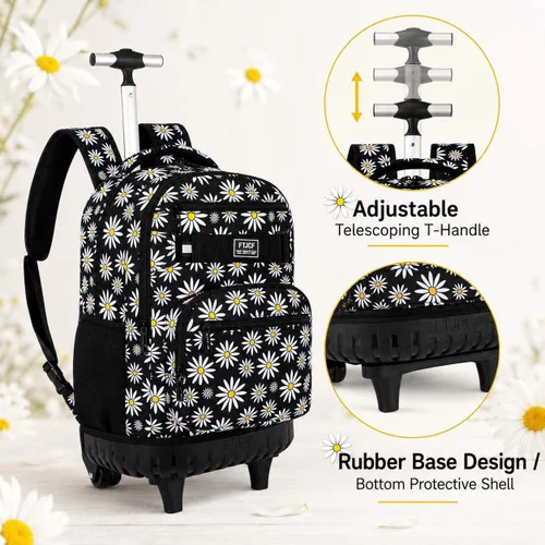 Vista 5 de Mochila con ruedas para mujeres, niñas, mochila escolar Crisantemo Negro