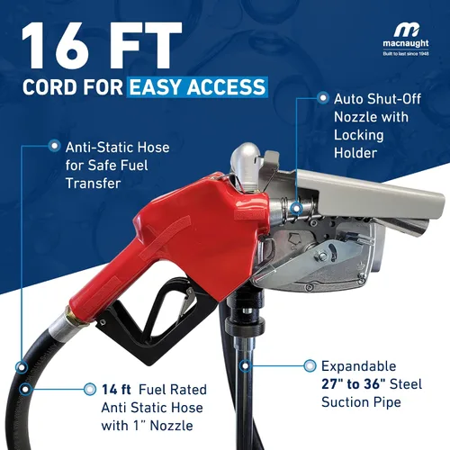 Vista 4 de Macnaught Bomba de transferencia de combustible M3 120V, 20 GPM Bomba de combustible de alto flujo de 1", apagado automático, boquilla, manguera