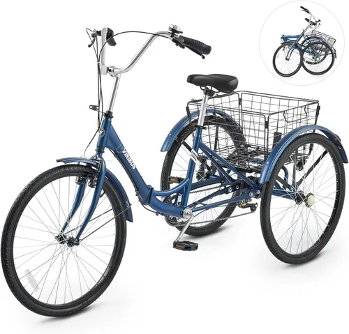 Vista 9 de VIRIBUS Triciclo plegable para adultos, triciclo plegable de 7 velocidades para adultos con cesta con ruedas extraíble, bicicletas plegables de 3