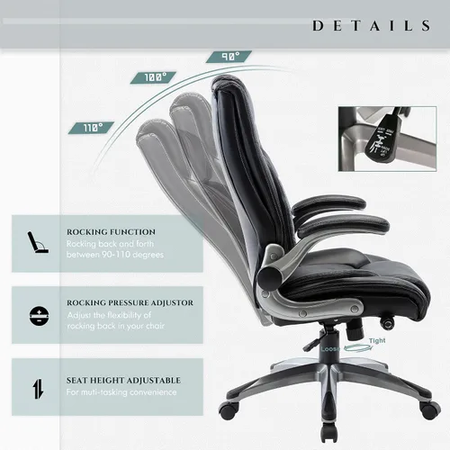Vista 4 de COLAMY Silla de escritorio de oficina, silla ergonómica para computadora con brazos abatibles acolchados y cojín grueso, silla de oficina de cuero
