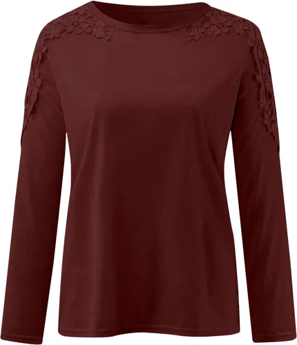 Vista 4 de Camisas de manga larga para mujer, estilo casual, cuello redondo, color liso, ajuste cómodo, con encaje hueco