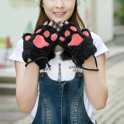 Vista 3 de Loritta 2 Pairs Womens Cat Paw Gloves Winter Plush Faux Fur Cute Kitten Fingerless Mitten