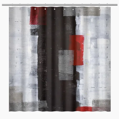 Vista 8 de Cortina de ducha negra y roja, pintura abstracta gris, geometría de pared blanca, líneas modernas, obras de arte geniales, tela de poliéster