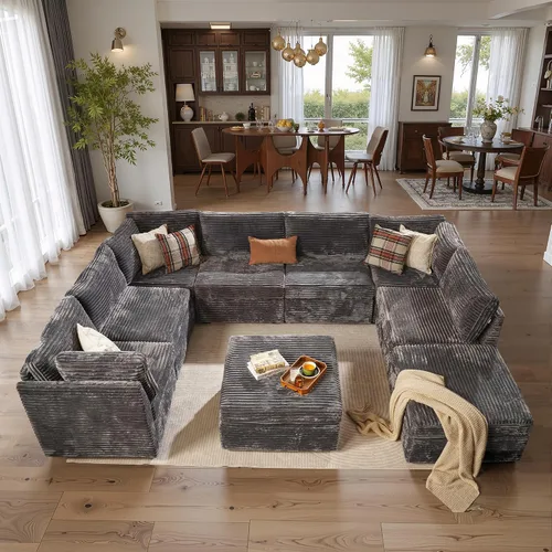 Vista 23 de Ovios - Sofá modular con diván en forma de U y otomanas, cómodo y mullido, tapizado en pana estilo nube, moderno, asiento profundo, juego de sofás