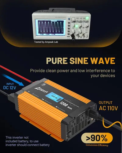 Vista 2 de Ampeak Inversor de onda sinusoidal pura de 1200 W, 17 protecciones, inversor de corriente CC 12 V a CA 120 V 4.8 A, puertos USB, 3 salidas de CA