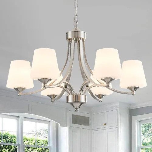 Vista 10 de Lámpara de comedor de níquel cepillado, moderna lámpara plateada con vidrio esmerilado, 3 luces de metal para isla de cocina, lámparas colgantes E26