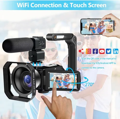 Vista 8 de Cámara de video 4K videocámara 48MP 30FPS IR visión nocturna WiFi grabadora de cámara, zoom digital 18X, pantalla táctil de 3 pulgadas, cámara