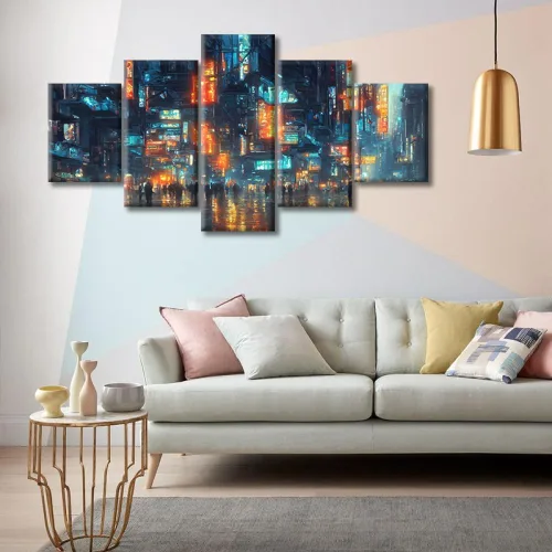 Vista 46 de Cuadros de 5 paneles de Cyberpunk City, arte de pared, representación de vallas publicitarias, edificios modernos en la capital con obras de arte