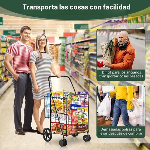 Vista 2 de Goplus Carrito de compras plegable jumbo con ruedas giratorias, carrito de compras plegable sobre ruedas con doble cesta, carrito de utilidad