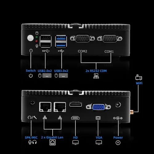 Vista 4 de WEIDIAN Mini PC sin ventilador, PC industrial, mini computadora J5005(hasta 2.8 GHz), salida de pantalla dual 4K HD+VGA, 2 Gigabit Ethernet, 4USB