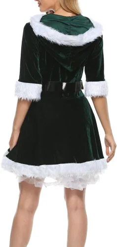 Vista 3 de Wrrkayly Disfraz de Papá Noel para mujer, de terciopelo, con capucha, vestido de Navidad, sexy, juego de rol, cosplay, vestido de fiesta