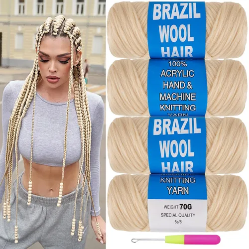 Vista 30 de COOKOO 2 rollos de hilo de lana brasileña color negro natural para cabello trenzado de ganchillo, trenzas, torsión, urdimbres, torsión senegalesa