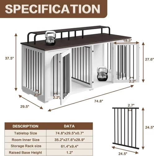 Vista 3 de Mueble grande para perrera para 2 perros, 74.8 pulgadas, XXL de madera doble para perros, estilo de muebles con divisor para razas grandes