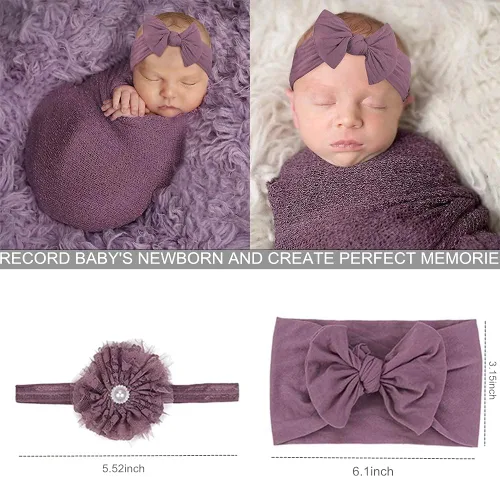 Vista 3 de 4 piezas de accesorios de fotografía para recién nacidos Envoltura larga de bebé y mantas de bebé Tapete de fotografía con bonitas diademas