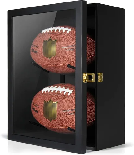 Vista 2 de TJ.MOREE Estuche de fútbol con 2 fundas de fútbol tamaño completo, soportes para rugby para exhibir pelotas, caja de sombra de montaje en pared