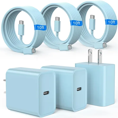 Vista 12 de Cargador de carga rápida para iPhone 16 y 15, paquete de 3 cargadores USB C PD de 20 W con cable de 10 pies, cable USB C tipo C para iPhone 16/16