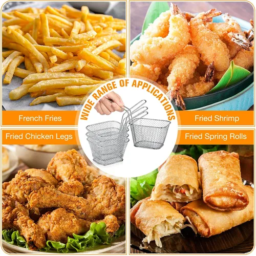 Vista 4 de Maxdot 60 unidades, mini cesta cuadrada para papas fritas con asa cromada, soporte para papas fritas, cesta de presentación de alimentos