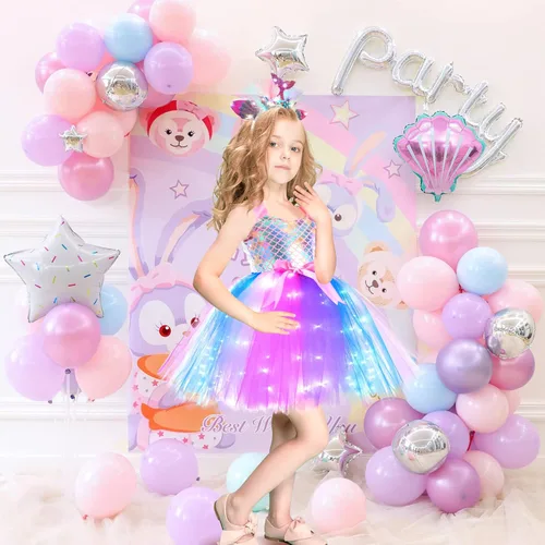 Vista 3 de Girls Mermaid Tutu Dress for Birthday Party, LED Light Up Halloween Mermaid Outfit Dress Up Dress with Headband