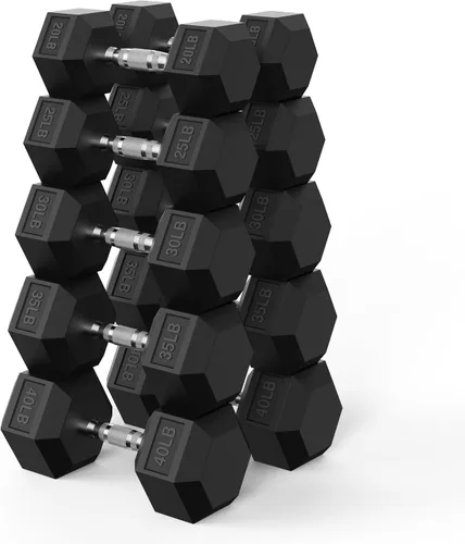 Vista 16 de PAPABABE Juego de mancuernas hexagonales de 45 a 550 libras, mancuernas de gimnasio en casa con revestimiento de goma, mancuernas para mujeres