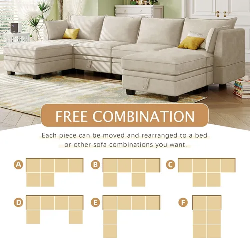 Vista 4 de Divertido y moderno sofá modular grande en forma de U como Lego, juego de sofá tapizado con otomana extraíble y asiento de almacenamiento, sofá cama