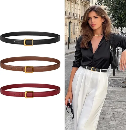 Vista 213 de Cinturón de cuero clásico con hebilla de metal para mujer con vestido de jeans